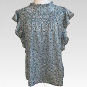 Elegant Floral Blouse with Ruffle Sleeves - Blue sizeM